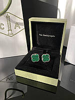 Брендові сережки конюшини на італійській замочку, срібло 925 зі смарагдовим каменем