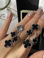 Стильні брендові срібні сережки конюшини, срібло 925 з чорним, ЛЮКС якість!