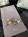 Сережки Діор кульки з підвісним квадратним кристалом / Сережки з перлами, фото 2