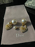 Сережки 2 перлини з підвісним серцем / Сережки кульки Діор, фото 3