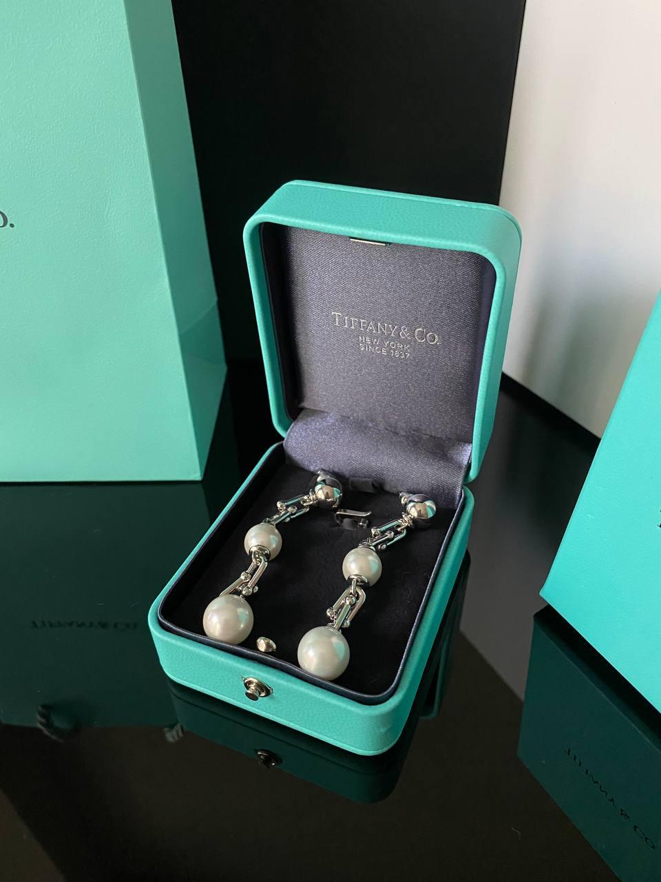 Тіффані сережки довгі з перлами посрібнення/упаковані в мішечок Tiffany
