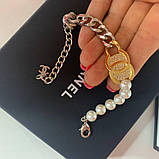 Браслет люкс у стилі Шанел — ланцюг і перли. Логотип усипаний цирконієм, фото 7