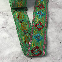 Тесьма с украинским орнаментом 28 мм - зеленая с люрексом