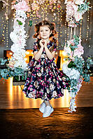 Дитяча бавовняна святкова квітчата сукня з спідницею сонцекльош з коротким рукавом Темно синій, 104