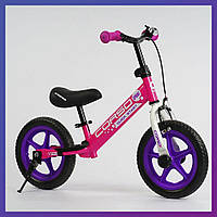 Детский беговел велобег на стальной раме 12 дюймов Corso 74822 EVA колеса с ручным тормозом подножка розовый