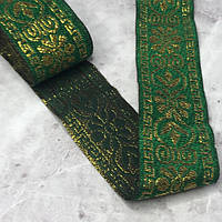 Тесьма с орнаментом люрекс 35 мм - зеленая с золотом