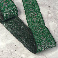 Тесьма с орнаментом люрекс 35 мм - зеленая с серебром