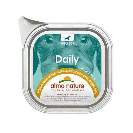 Вологий корм для собак Almo Nature Daily Dog CHICKEN, HAM & CHEESE курка, шинка і сир паштет 100 г, фото 1