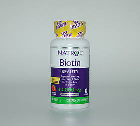 Біотин, Biotin, Natrol, полуниця, 10000 мкг, 60 таб.