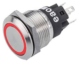 Кнопка металева з фіксацією, ударостійка, монтаж в  Ø19 мм, під fast-on, IP65, з підсвіткою