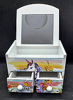 Дерев'яна скринька для прикрас, дитяча скринька Єдиноріг жовтий, комод 11х11х7 см з висувними ящиками