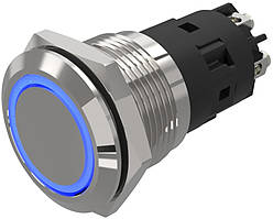 Кнопка металева без фіксації, ударостійка, монтаж в  Ø19 мм, під гвинт, IP65, з підсвіткою 24V AC/DC, синій