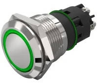 Кнопка металева без фіксації, ударостійка, монтаж в  Ø19 мм, під гвинт, IP65, з підсвіткою 24V AC/DC, зелений