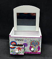 Дерев'яна скринька для прикрас, дитяча скринька Сова рожева, комод 11х11х7 см з висувними ящиками