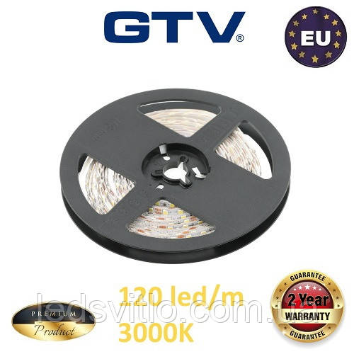 5 метрів, Світлодіодна стрічка GTV Premium 12V, SMD 2835, 120 led/m, 19W, 1600Lm, 10мм, IP20, 3000K Теплий білий колір світла