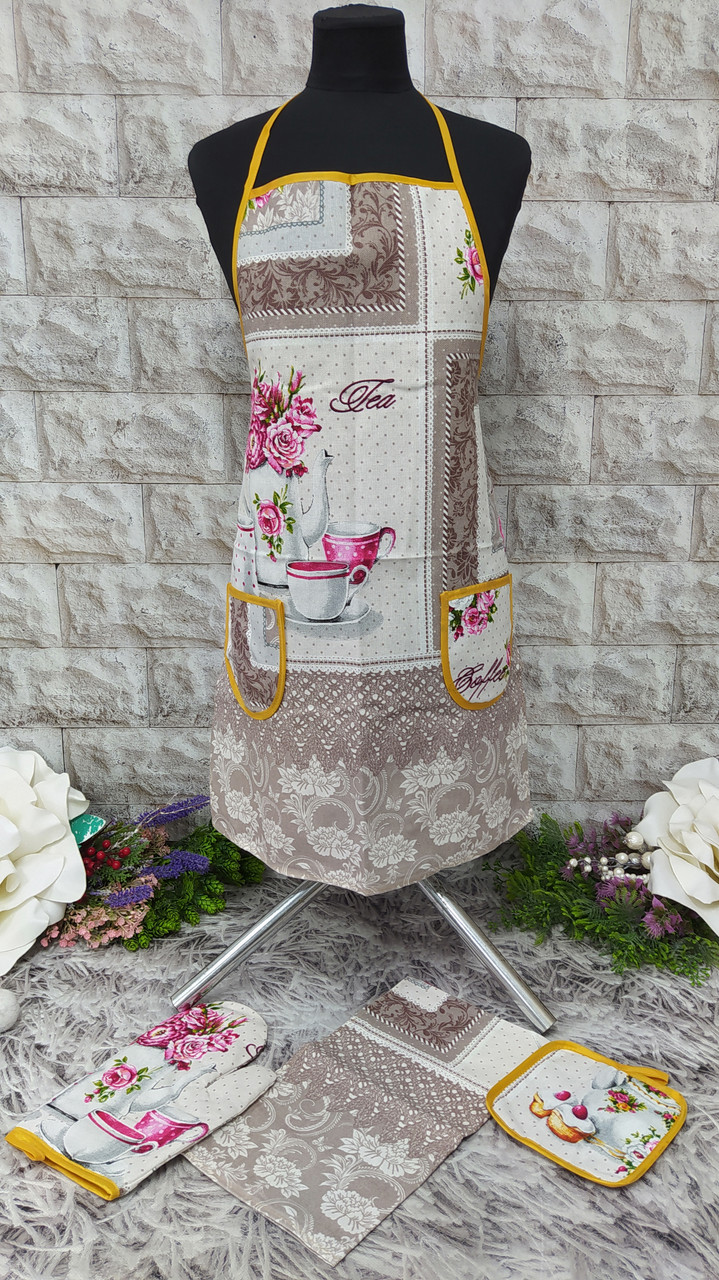 Набір кухонний 4в1 (фартух+рушник+прихватка+рукавиця) тканина льон Н-1000, фото 1