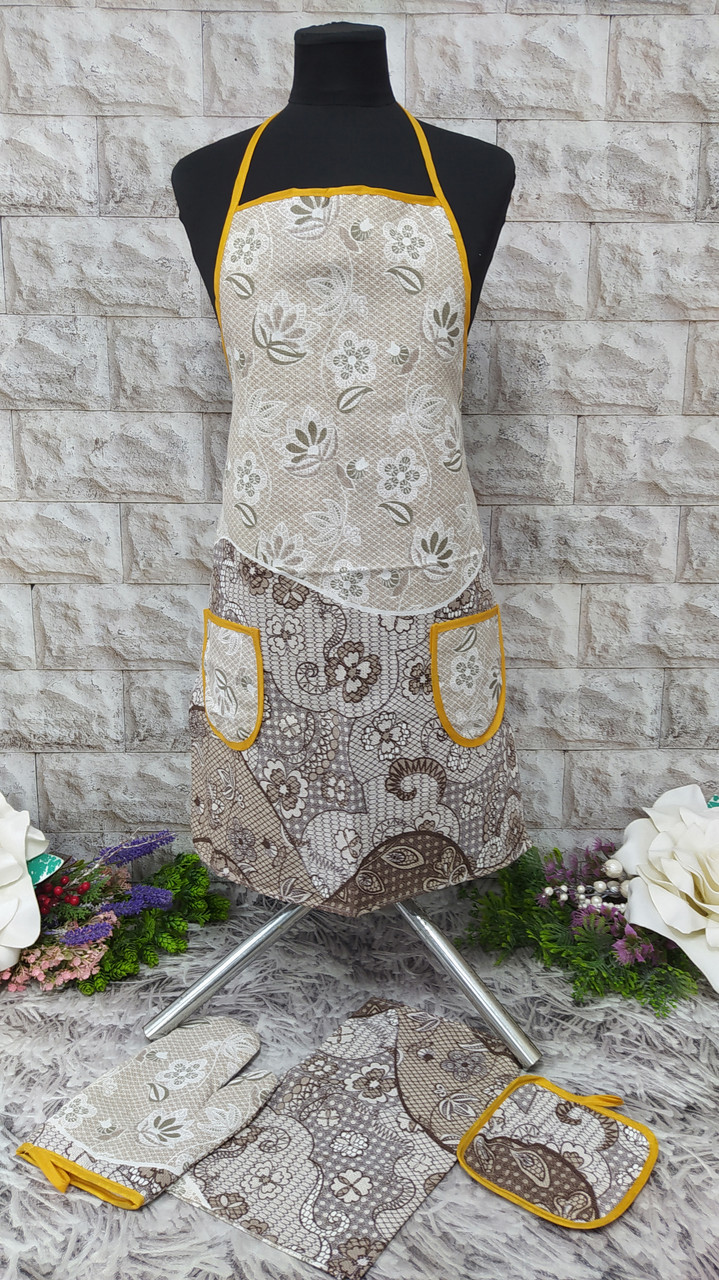 Набір кухонний 4в1 (фартух+рушник+прихватка+рукавиця) тканина льон Н-1000, фото 1