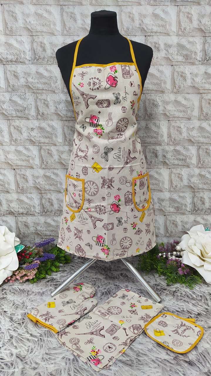 Набір кухонний 4в1 (фартух+рушник+прихватка+рукавиця) тканина льон Н-1000, фото 1