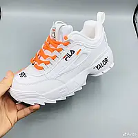 БЕЛЫЕ Кросівки Fila Disruptor 2 Off-White "YALOR" з ОРАНЖЕВІ шнурками на високій підошві унісекс