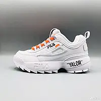 БЕЛЫЕ Кроссовки Fila Disruptor 2 Off-White "YALOR" с ОРАНЖЕВЫМИ шнурками на высокой подошве унисекс 38