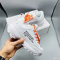 БЕЛЫЕ Кроссовки Fila Disruptor 2 Off-White "YALOR" с ОРАНЖЕВЫМИ шнурками на высокой подошве унисекс 40