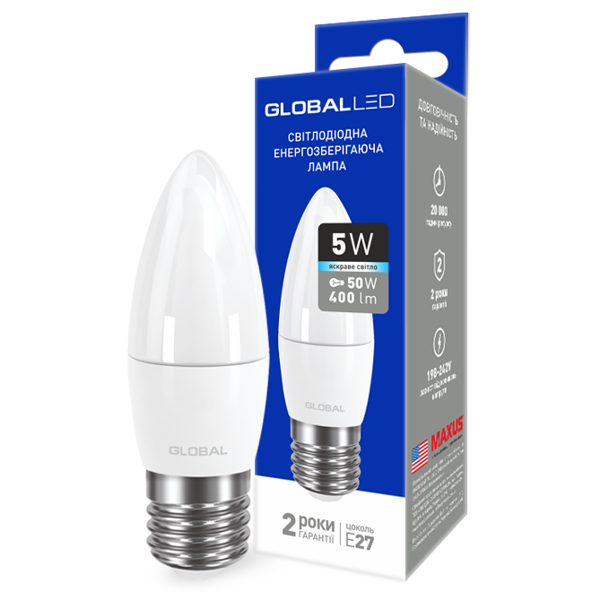 LED лампа GLOBAL C37 CL-F 5W 220V E27 (яркий свет) - фото 1 - id-p301060348