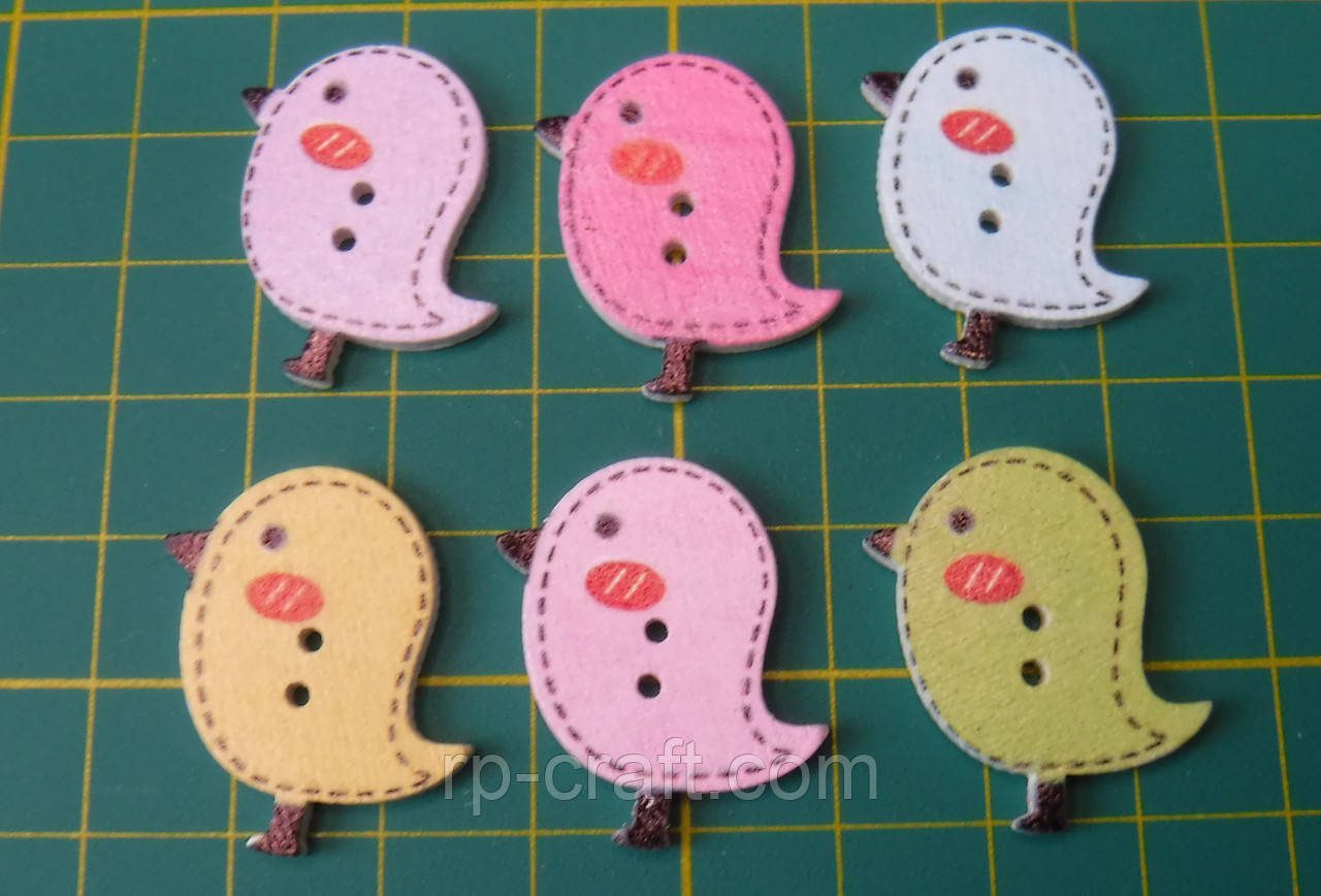 Гудзик дерев'яний, декоративний. Пташка, 25х26 мм, фото 1