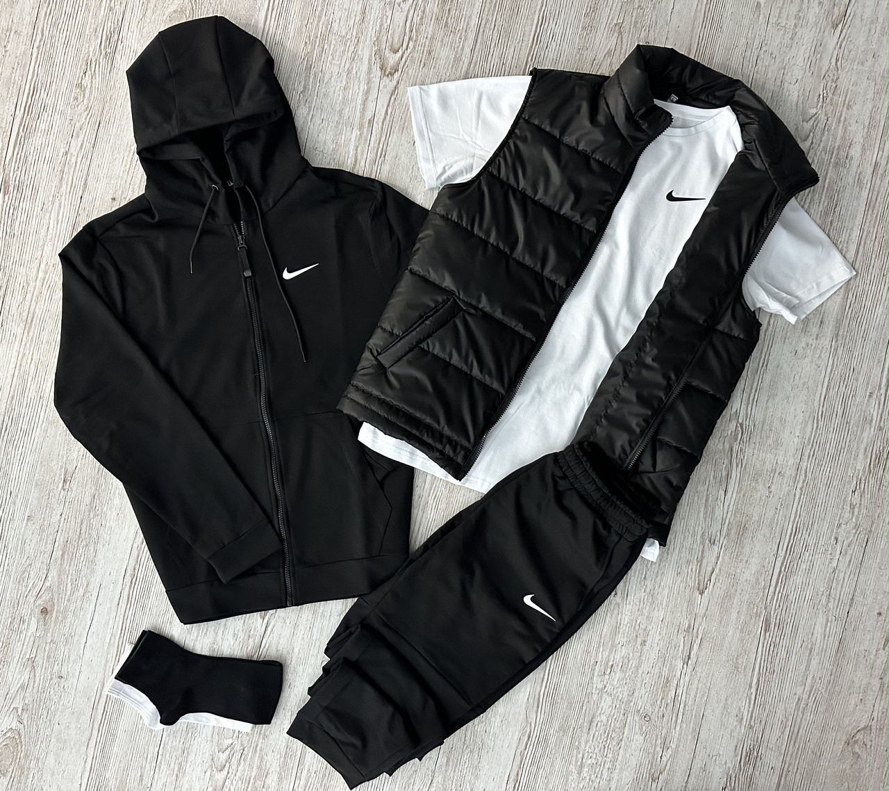 Набір Nike 5 В 1 Спортивний костюм жилетка футболка шкарпетки комплект чоловічий весна осінь найк чорний, фото 1