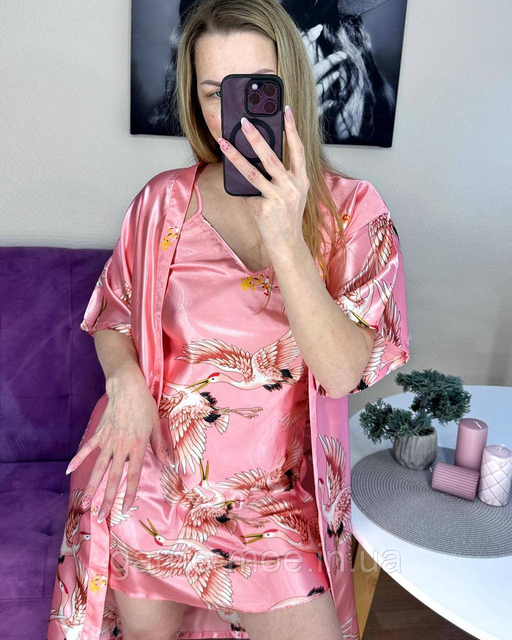 П012 Атласний пеньюар із халатом Рожевий L, фото 1