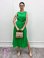 Однотонное летнее платье с поясом "Nickola"| Батал | Распродажа модели Зеленый, 50-52