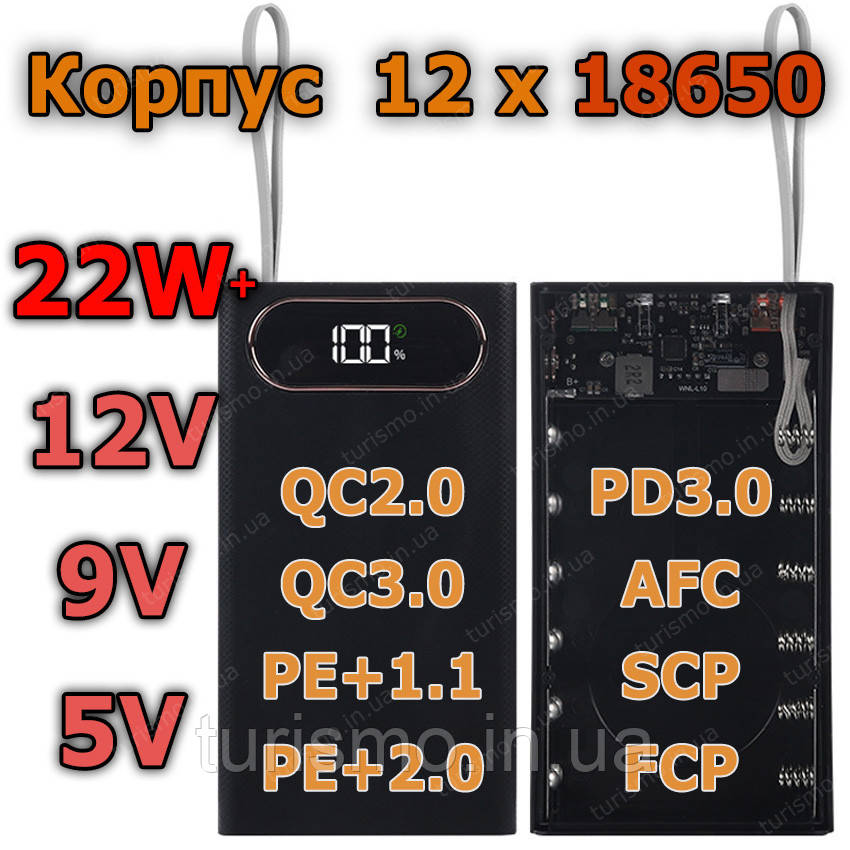 Поліпшений Корпус Повербанк 22W, 12*18650 Type C QC2.0 QC3.0 PD2.0 PD3.0 BC1.2 FCP AFC SCP MTK PE powerbank