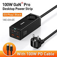 Блок живлення мережевий зарядний пристрій Baseus GaN3 Pro Desktop Powerstrip 100W (2xType-C + 2xUSB + AC(EU)), фото 6