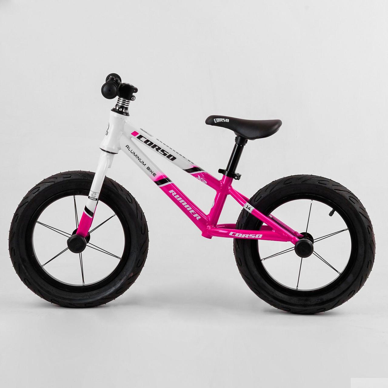 Детский беговел велобег на алюминиевой раме 14 дюймов Corso Runner 21541 надувные колеса розовый - фото 2 - id-p1791000570