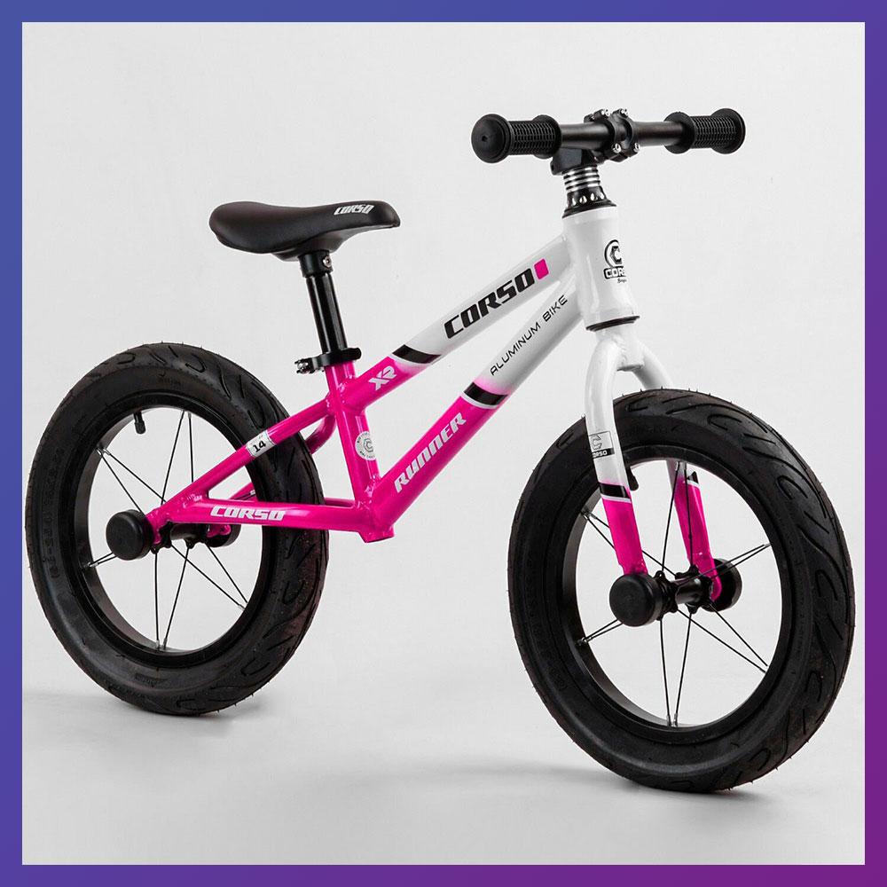 Детский беговел велобег на алюминиевой раме 14 дюймов Corso Runner 21541 надувные колеса розовый - фото 1 - id-p1791000570
