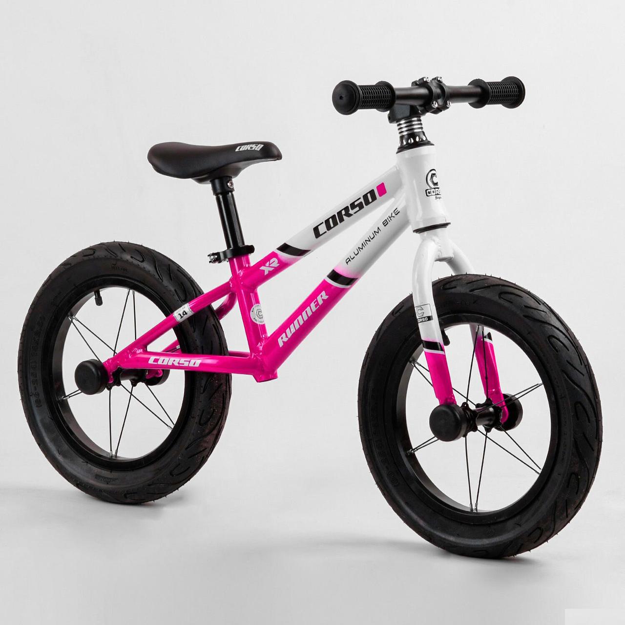 Детский беговел велобег на алюминиевой раме 14 дюймов Corso Runner 21541 надувные колеса розовый - фото 4 - id-p1791000570