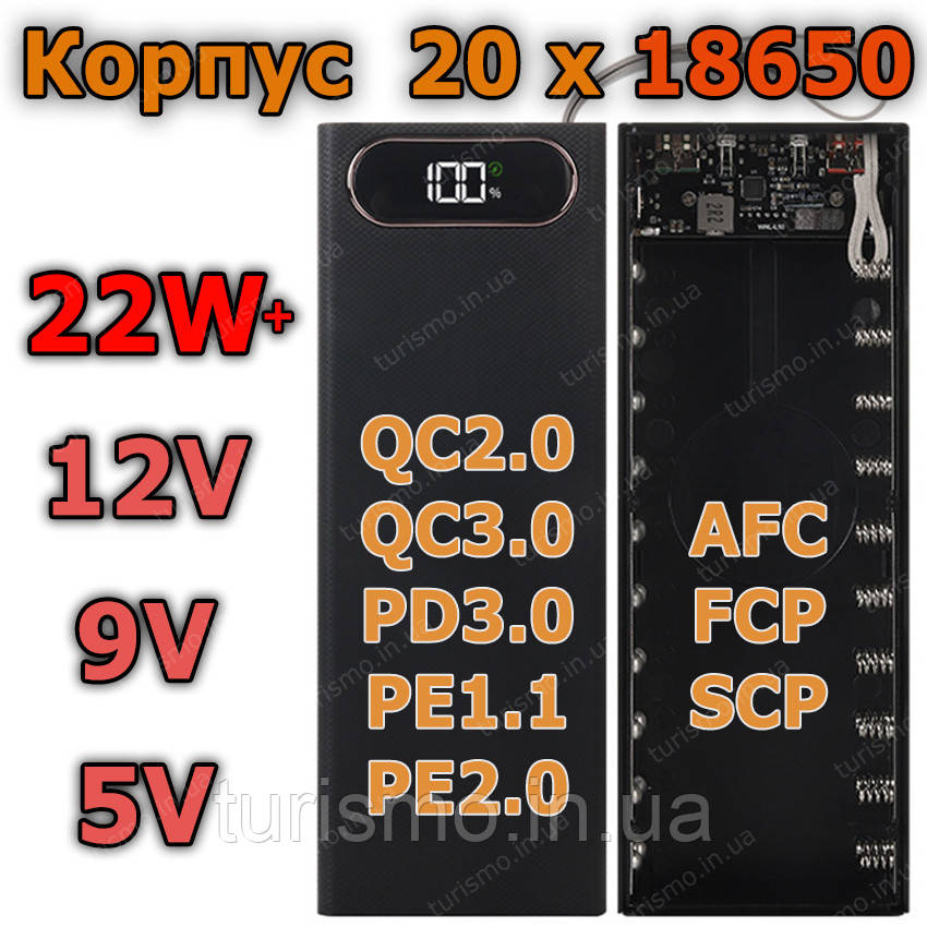 Поліпшений Корпус Повербанк 22W, 20*18650 Type C QC2.0 QC3.0 PD2.0 PD3.0 BC1.2 FCP AFC SCP MTK PE powerbank