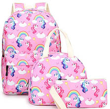 Рюкзак рожевий/єдинороги та веселка / шкільний/світильний/на кожен день/3в1/з пеналом і сумкою для