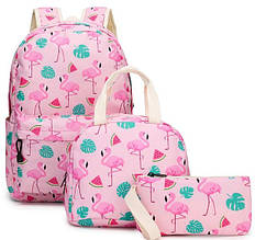 Рюкзак рожевий/Фамінго/ шкільний/світильний/на кожен день/3в1/з пеналом і сумкою для обідів