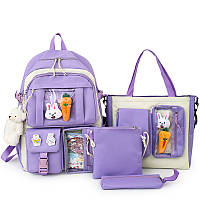 Рюкзак фиолетовий комплект 4в1 для города и школы, стильный набор сумок с плюшевыми пинами