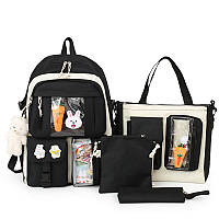 Рюкзак черный комплект 4в1 для города и школы, стильный набор сумок с плюшевыми пинами
