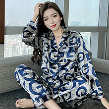 Жіноча шовкова піжама з принтом S-M синя