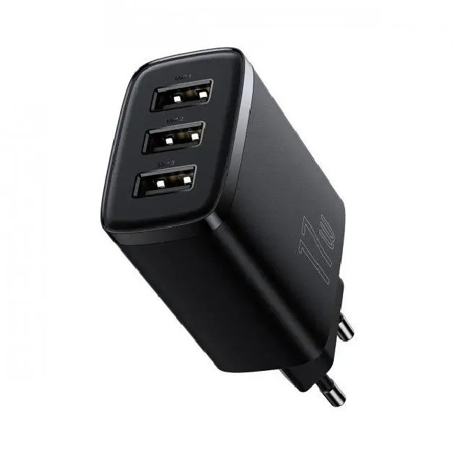 Зарядний пристрій USB Baseus Compact Charger 3U 3USB 17W EU Black, фото 1