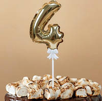 Топпер в торт цифра самонадувная золото "4", 14 см