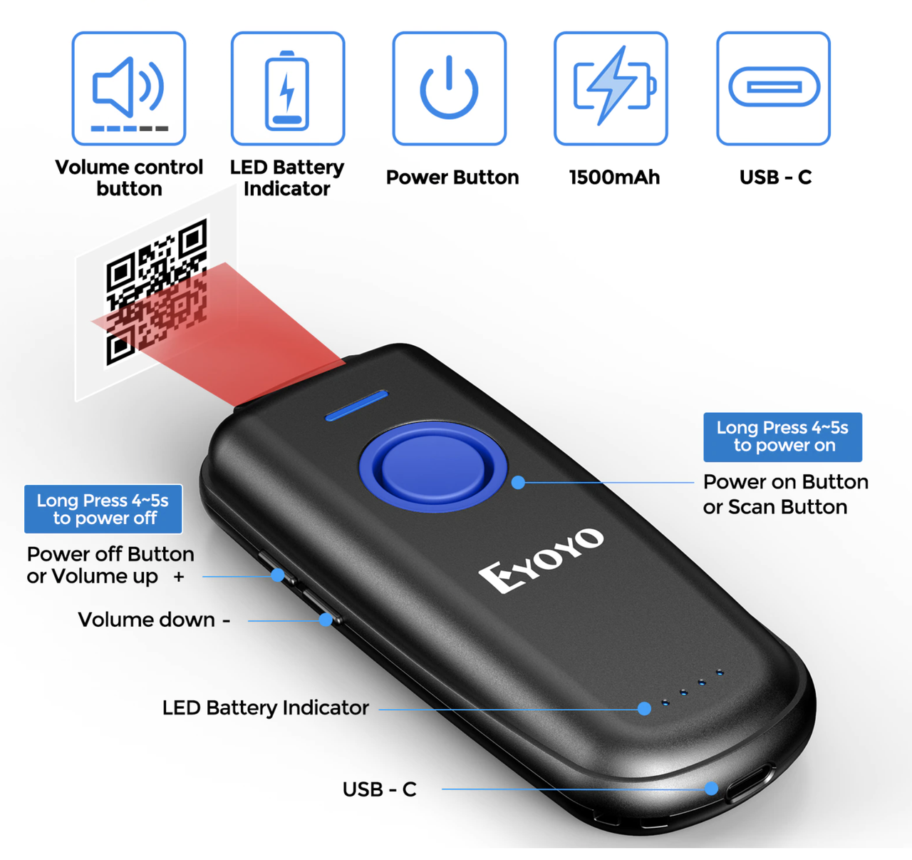Портативный Bluetooth 1D сканер Eyoyo EY-023C для Android IOS Win Mac Linux - фото 2 - id-p560599716