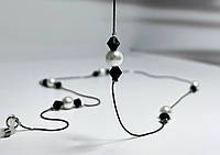Шнурок держатель для очков темно-серый с черными камешками и жемчужинками на силиконовых петлях