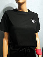 Молодежная женская футболка тренд вышивка мишка черный 42-46