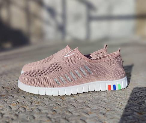 Мокасины Розовые текстильные стрейч PINK SPORT слипоны на плоской низкой подошве., фото 1