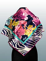 Женский платок шелковый, 100 на 100 см, шелк, атлас, малинового цвета с цветами и полосами, модель 5
