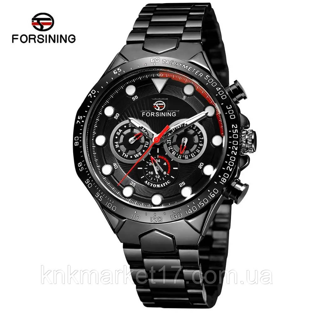 Механічний годинник з автопідзаводом з нержавіючої сталі та хронографом Forsining 6911 All Black Steel, фото 1