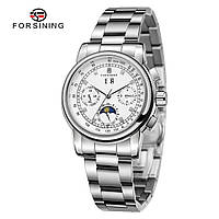 Жіночий механічний годинник з автопідзаводом та фазою місяця Forsining 6918 Silver-White